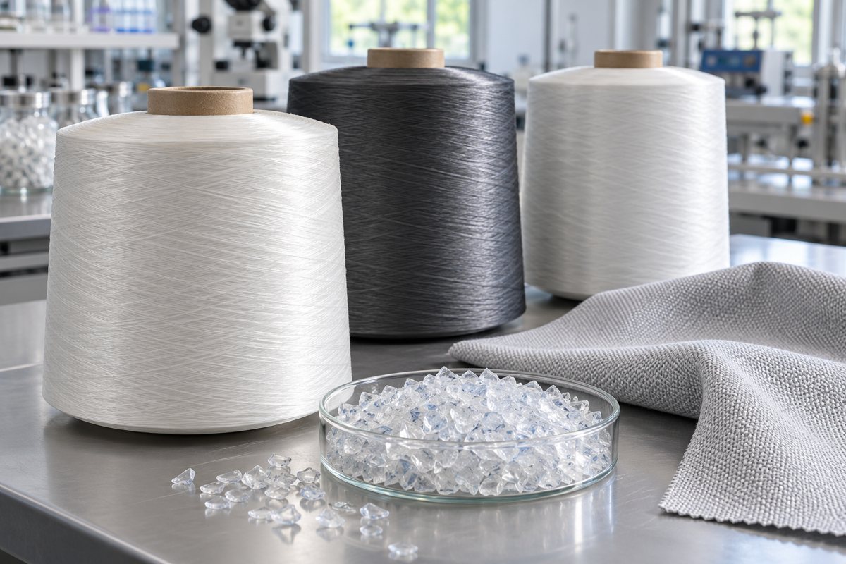 تصویرسازی بوبین‌های نخ پلی‌استر سفید و خاکستری در کنار پرک PET و نمونه پارچه